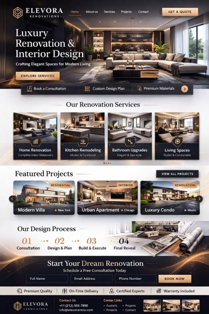 luxury interior renovation website design dark elegant ui concept