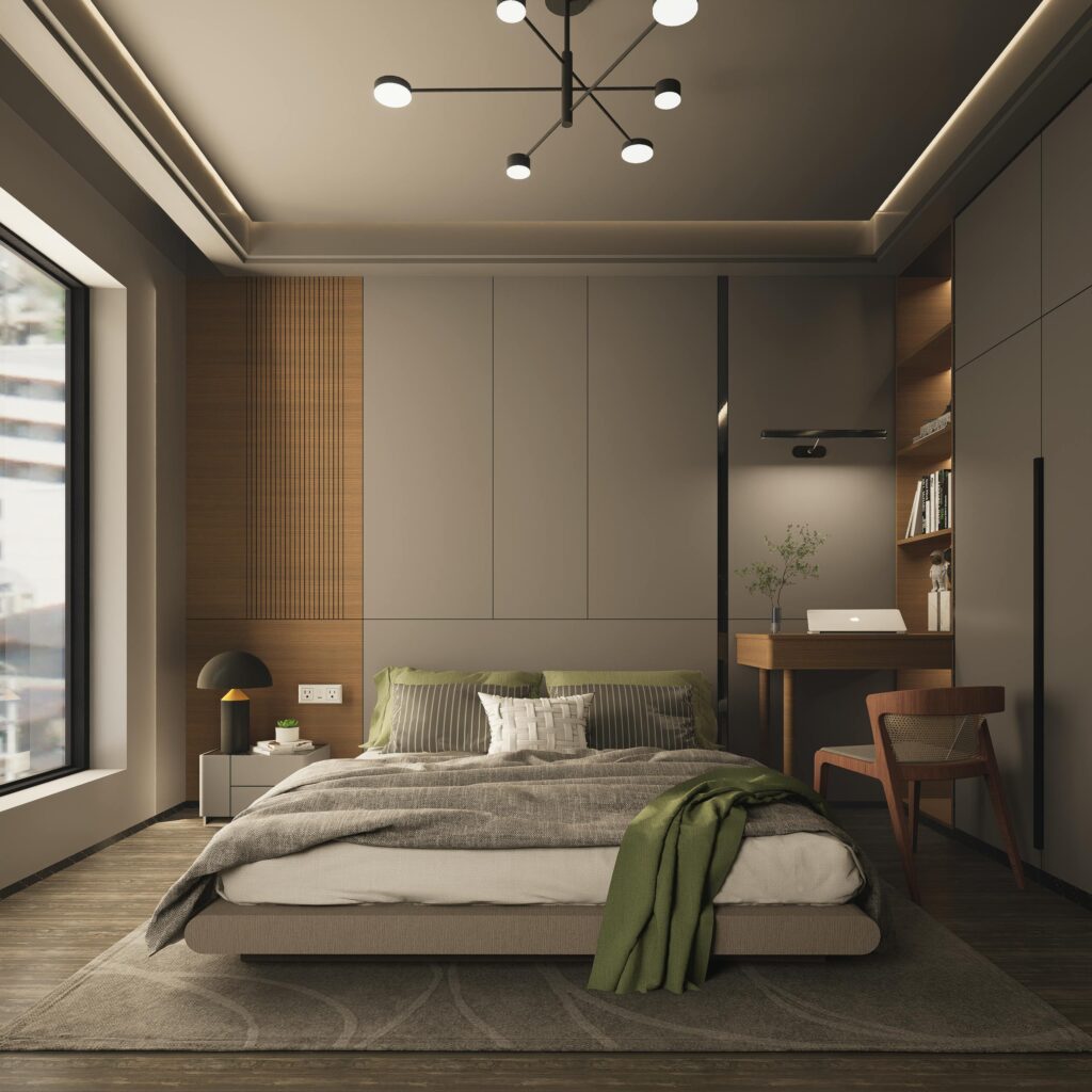A stylish and cozy modern bedroom with natural tones and minimalist decor.
