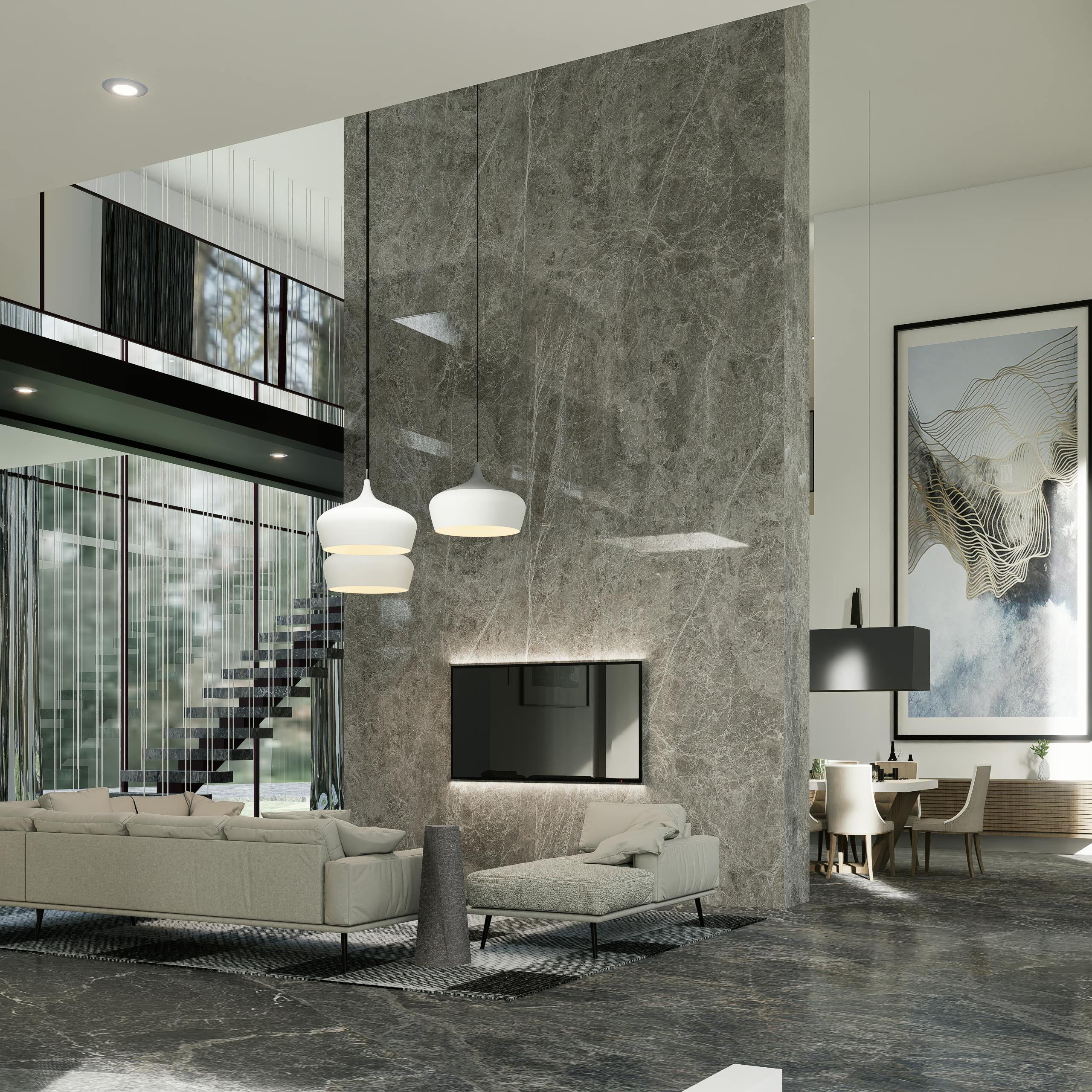 Spacious modern living room featuring luxurious marble wall and elegant decor.