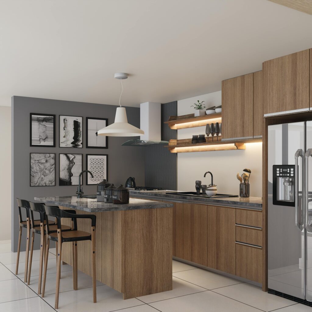 Modern kitchen with wooden cabinets and sleek interior design elements.