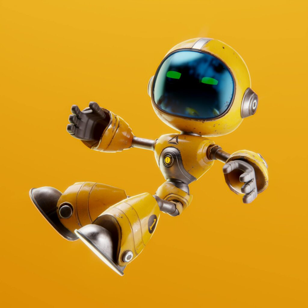 Cute yellow robot character with a futuristic design on an orange background.